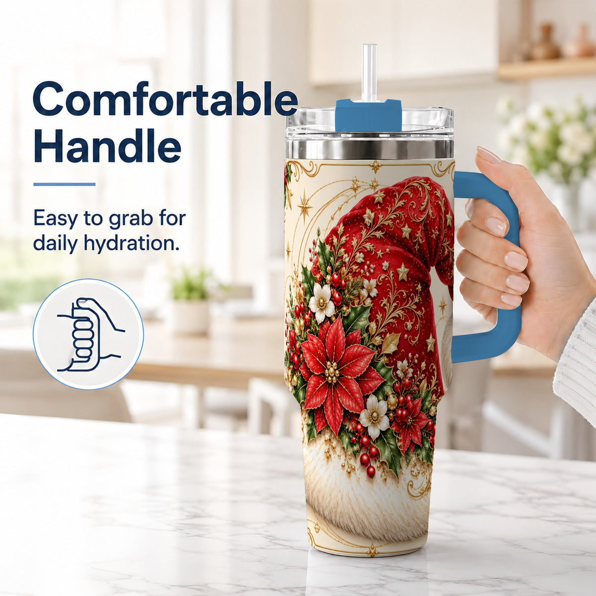 #pl[40oz|Blue] Ornate Santa Hat 40oz Tumbler with Handle, Christmas Botanical Design