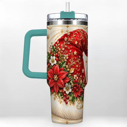 #pl[40oz|Green] Ornate Santa Hat 40oz Tumbler with Handle, Christmas Botanical Design