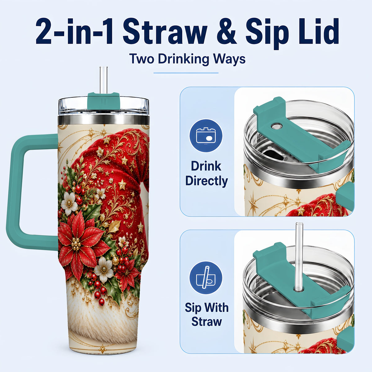 #pl[40oz|Green] Ornate Santa Hat 40oz Tumbler with Handle, Christmas Botanical Design