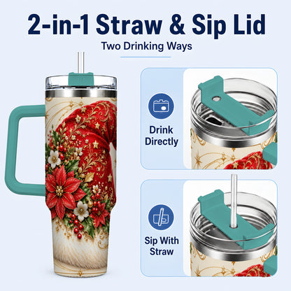 #pl[40oz|Green] Ornate Santa Hat 40oz Tumbler with Handle, Christmas Botanical Design