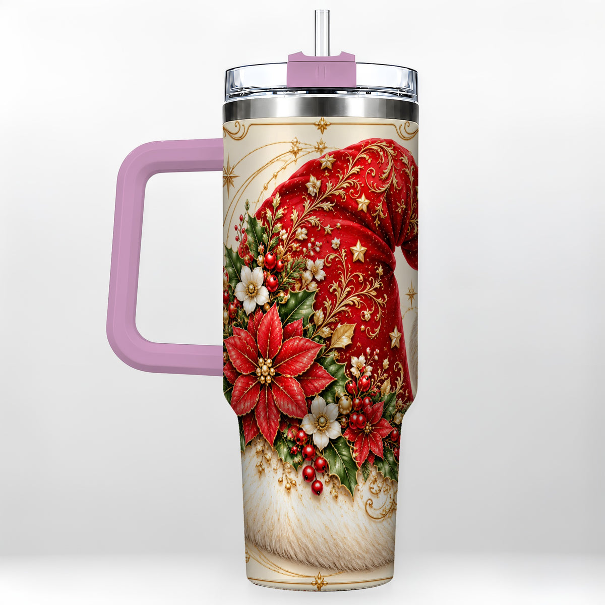 #pl[40oz|Pink] Ornate Santa Hat 40oz Tumbler with Handle, Christmas Botanical Design
