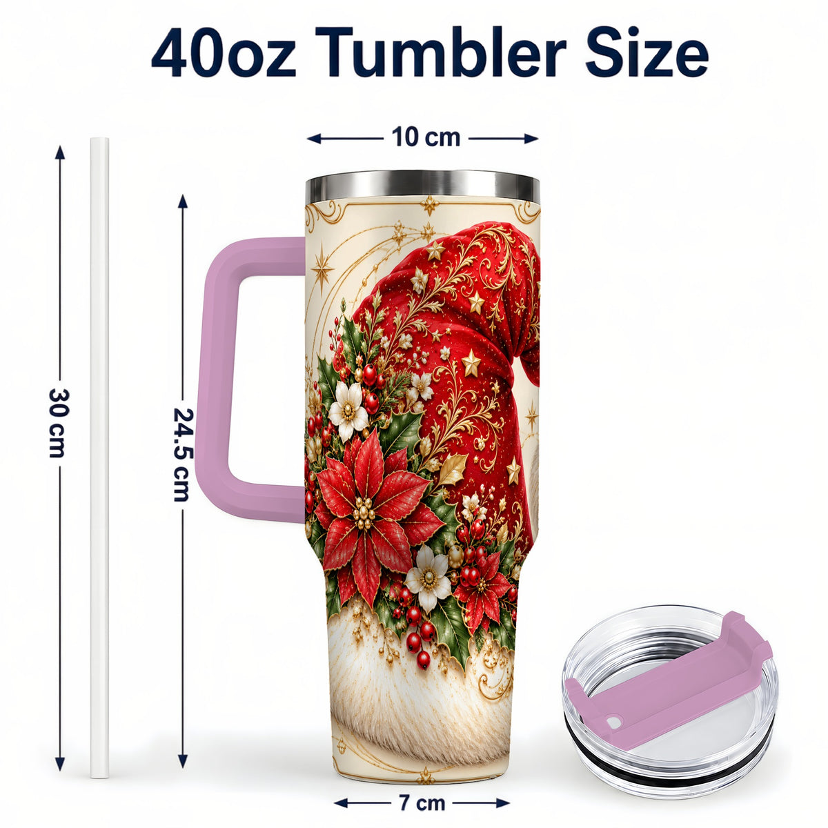 #pl[40oz|Pink] Ornate Santa Hat 40oz Tumbler with Handle, Christmas Botanical Design