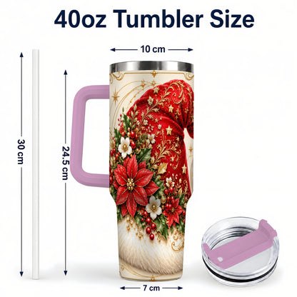 #pl[40oz|Pink] Ornate Santa Hat 40oz Tumbler with Handle, Christmas Botanical Design