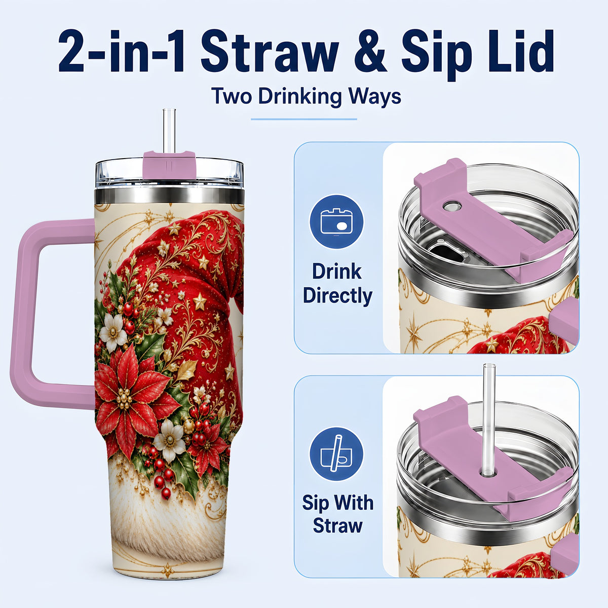 #pl[40oz|Pink] Ornate Santa Hat 40oz Tumbler with Handle, Christmas Botanical Design