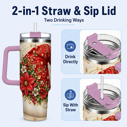 #pl[40oz|Pink] Ornate Santa Hat 40oz Tumbler with Handle, Christmas Botanical Design