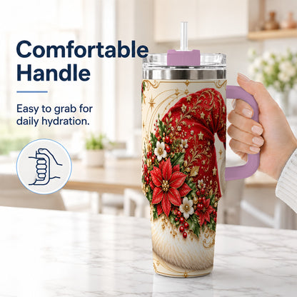 #pl[40oz|Pink] Ornate Santa Hat 40oz Tumbler with Handle, Christmas Botanical Design