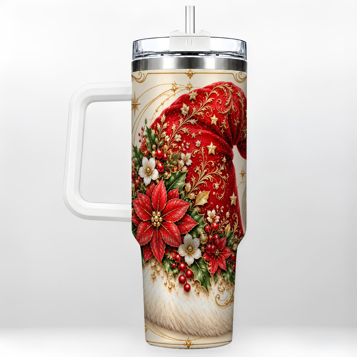 Ornate Santa Hat 40oz Tumbler with Handle, Christmas Botanical Design