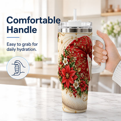 #pl[40oz|White] Ornate Santa Hat 40oz Tumbler with Handle, Christmas Botanical Design