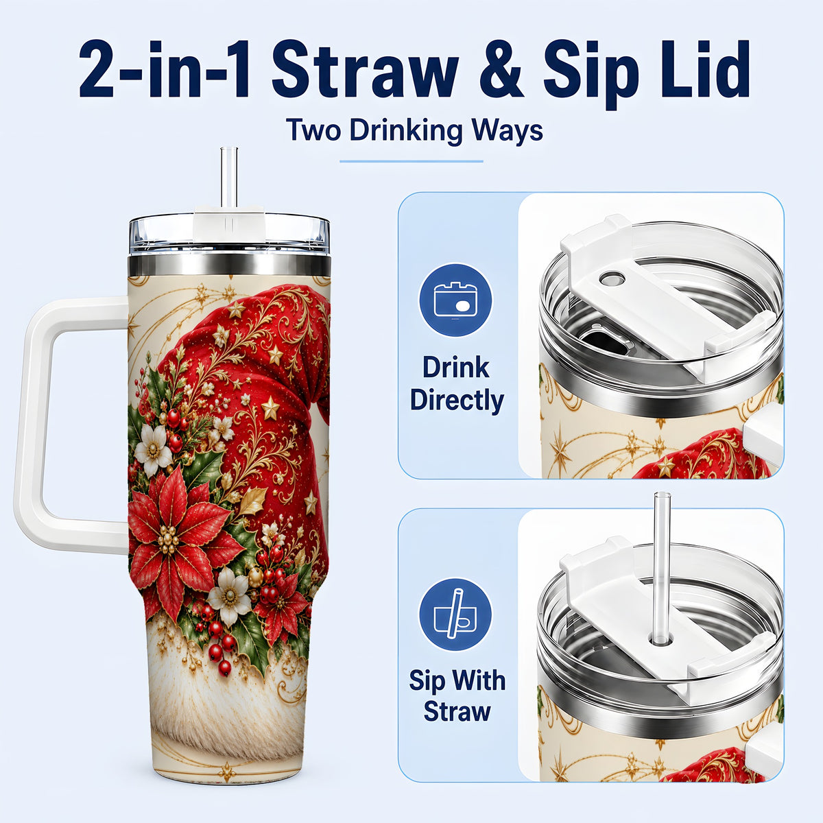 #pl[40oz|White] Ornate Santa Hat 40oz Tumbler with Handle, Christmas Botanical Design
