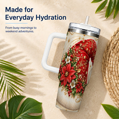 Ornate Santa Hat 40oz Tumbler with Handle, Christmas Botanical Design