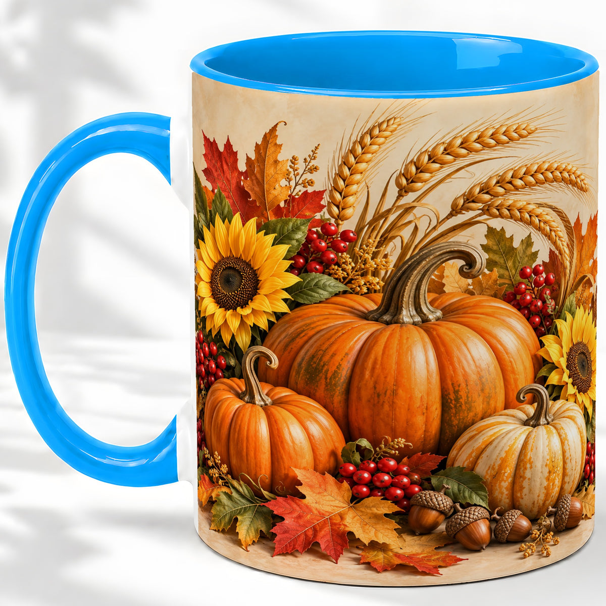 #pl[11oz|Blue] Autumn Pumpkin Harvest Accent Mug, Ceramic Cup for Fall Decor Fans
