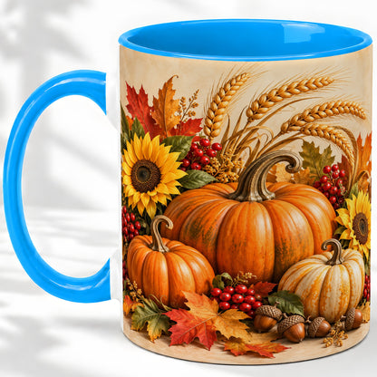 #pl[11oz|Blue] Autumn Pumpkin Harvest Accent Mug, Ceramic Cup for Fall Decor Fans