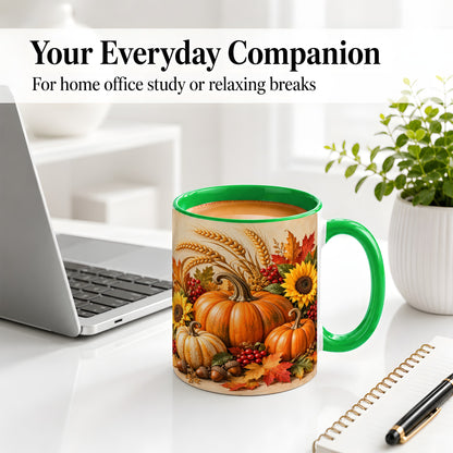 #pl[11oz|Green] Autumn Pumpkin Harvest Accent Mug, Ceramic Cup for Fall Decor Fans