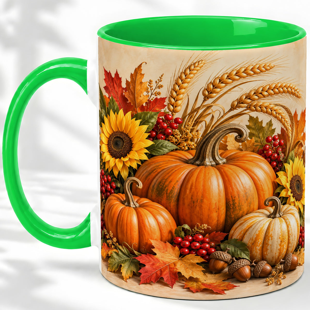 #pl[11oz|Green] Autumn Pumpkin Harvest Accent Mug, Ceramic Cup for Fall Decor Fans