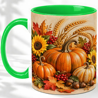 #pl[11oz|Green] Autumn Pumpkin Harvest Accent Mug, Ceramic Cup for Fall Decor Fans