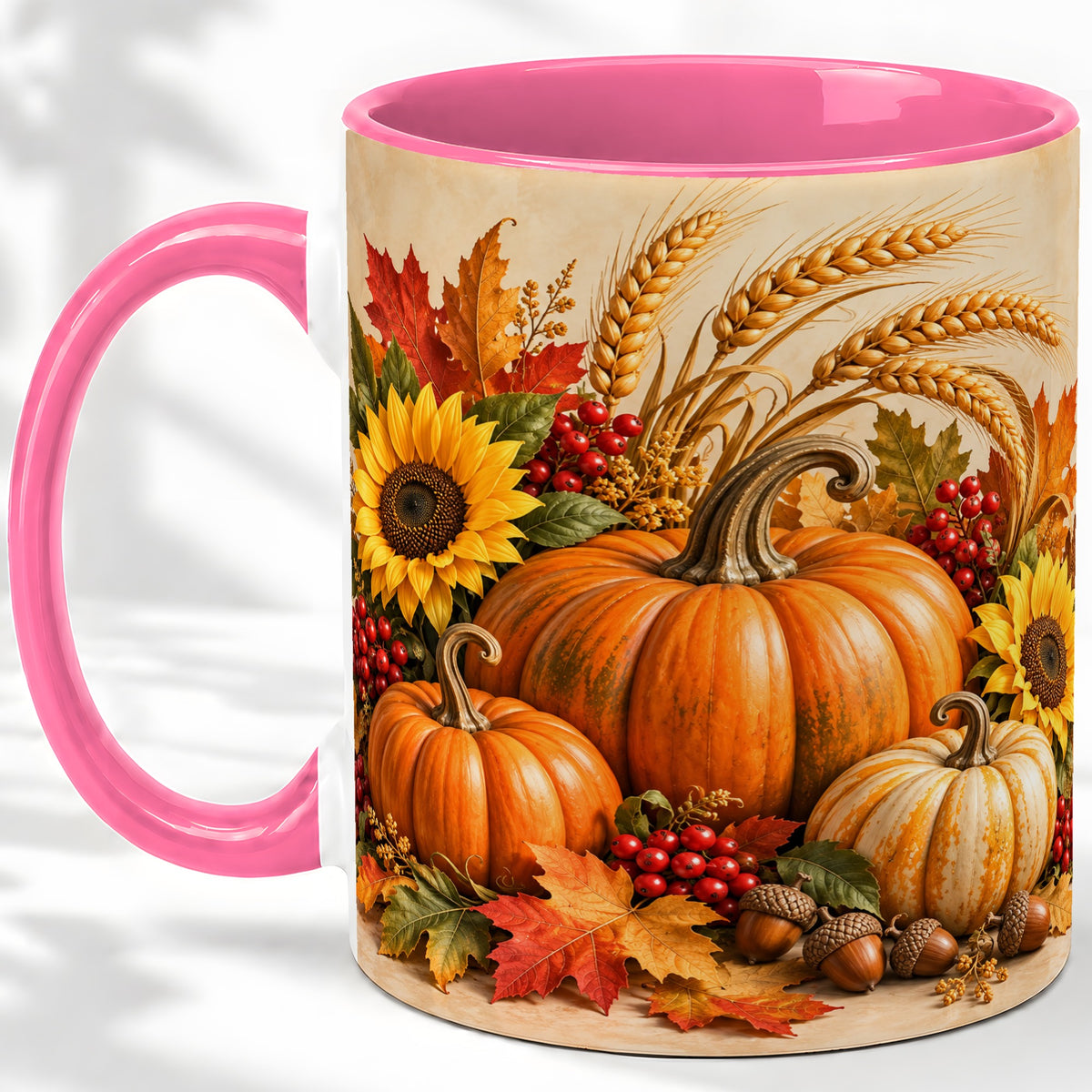 #pl[11oz|Pink] Autumn Pumpkin Harvest Accent Mug, Ceramic Cup for Fall Decor Fans