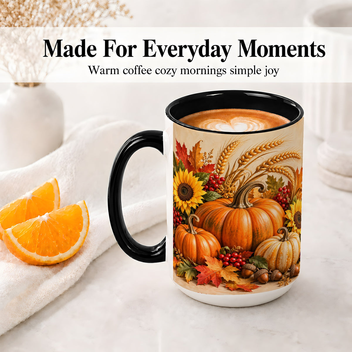#pl[15oz|Black] Autumn Pumpkin Harvest Accent Mug, Ceramic Cup for Fall Decor Fans