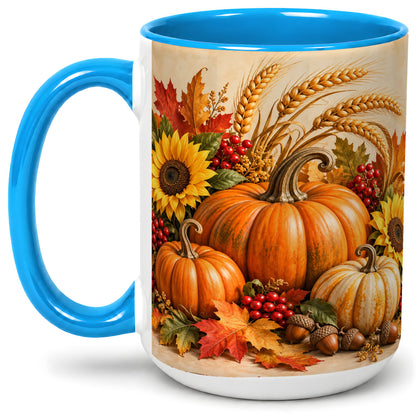 #pl[15oz|Blue] Autumn Pumpkin Harvest Accent Mug, Ceramic Cup for Fall Decor Fans