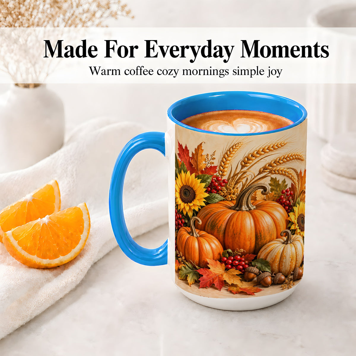 #pl[15oz|Blue] Autumn Pumpkin Harvest Accent Mug, Ceramic Cup for Fall Decor Fans