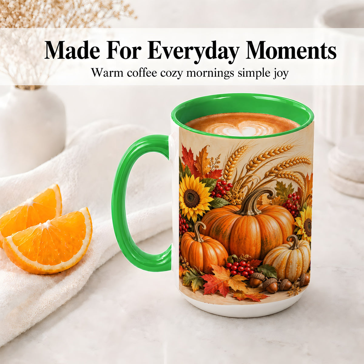 #pl[15oz|Green] Autumn Pumpkin Harvest Accent Mug, Ceramic Cup for Fall Decor Fans