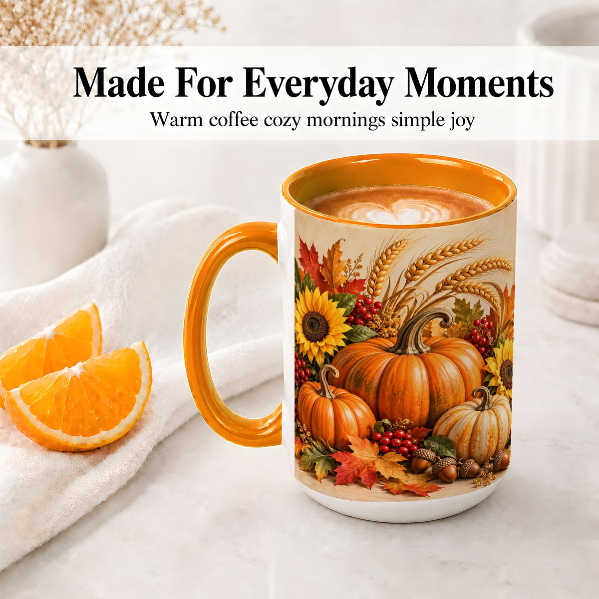 #pl[15oz|Orange] Autumn Pumpkin Harvest Accent Mug, Ceramic Cup for Fall Decor Fans
