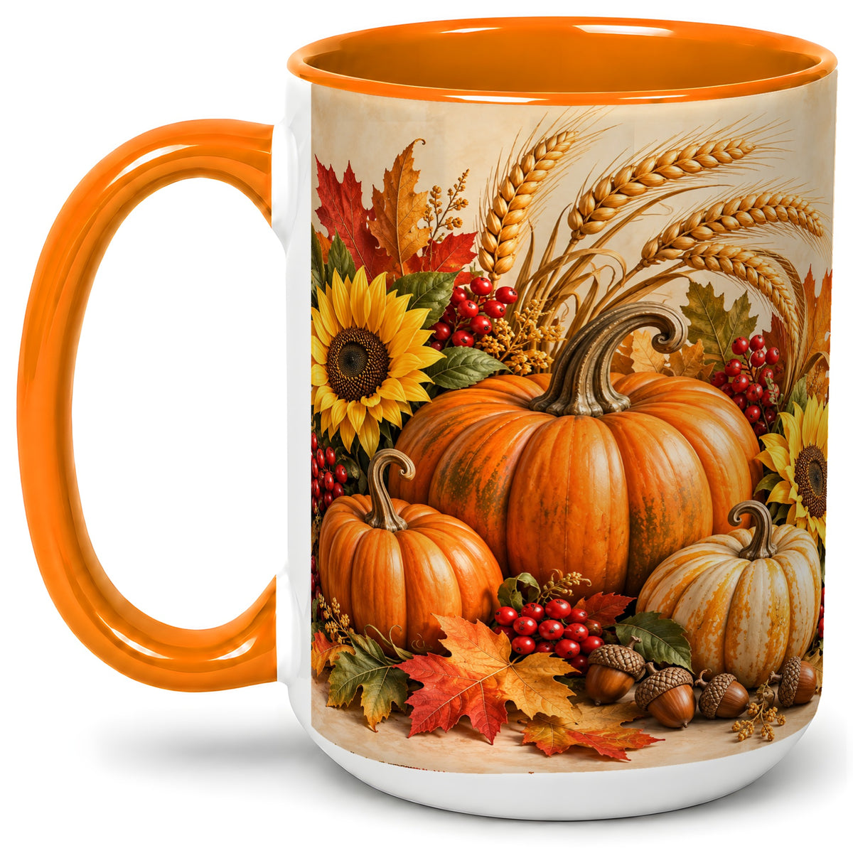 #pl[15oz|Orange] Autumn Pumpkin Harvest Accent Mug, Ceramic Cup for Fall Decor Fans