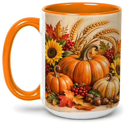 #pl[15oz|Orange] Autumn Pumpkin Harvest Accent Mug, Ceramic Cup for Fall Decor Fans