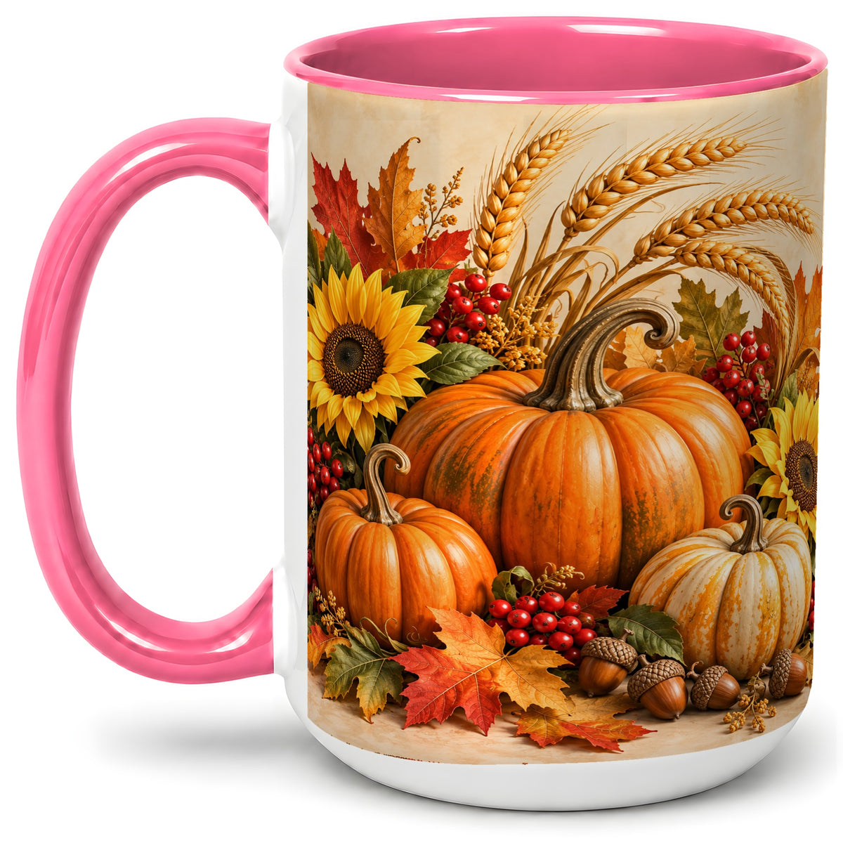 #pl[15oz|Pink] Autumn Pumpkin Harvest Accent Mug, Ceramic Cup for Fall Decor Fans