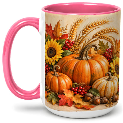 #pl[15oz|Pink] Autumn Pumpkin Harvest Accent Mug, Ceramic Cup for Fall Decor Fans