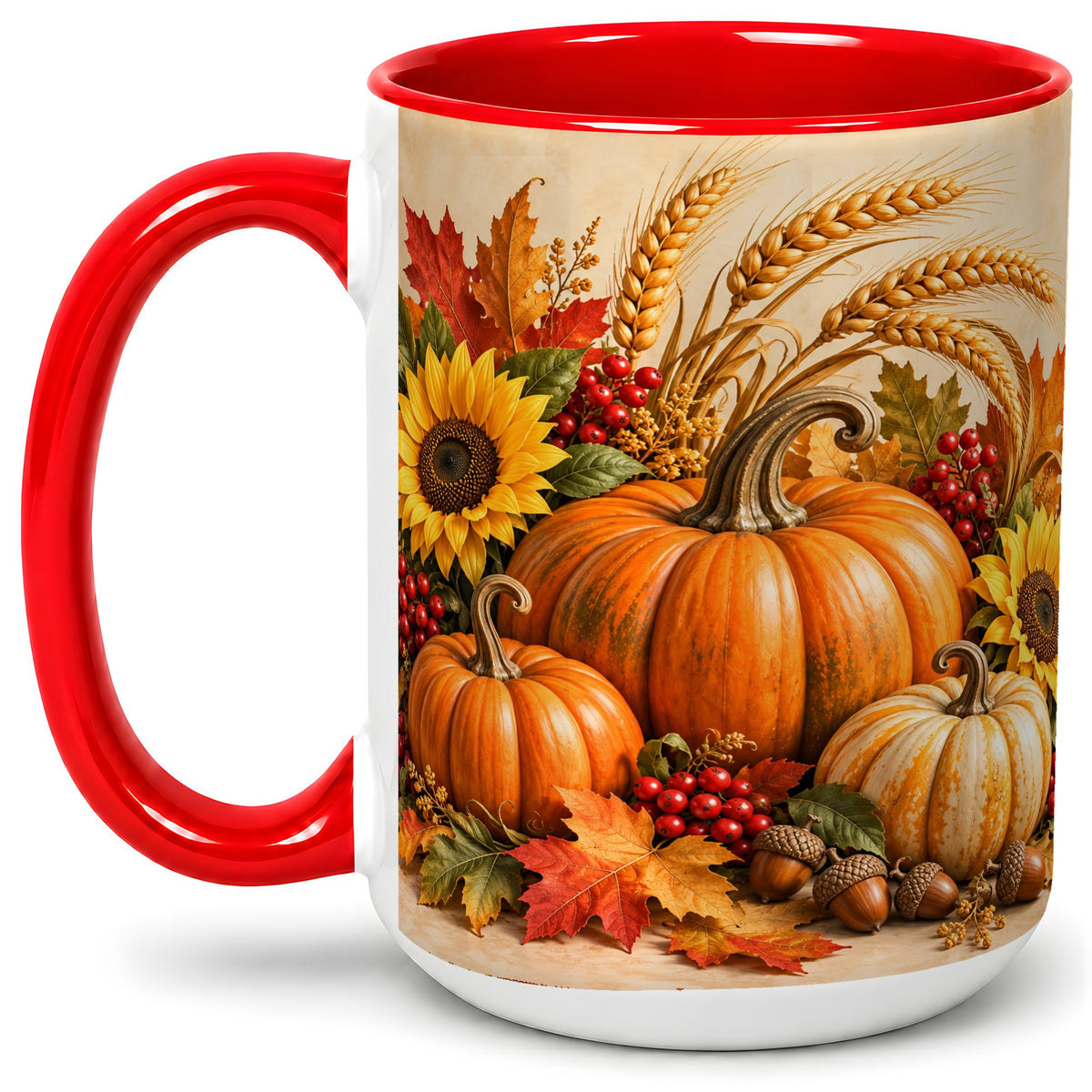 #pl[15oz|Red] Autumn Pumpkin Harvest Accent Mug, Ceramic Cup for Fall Decor Fans