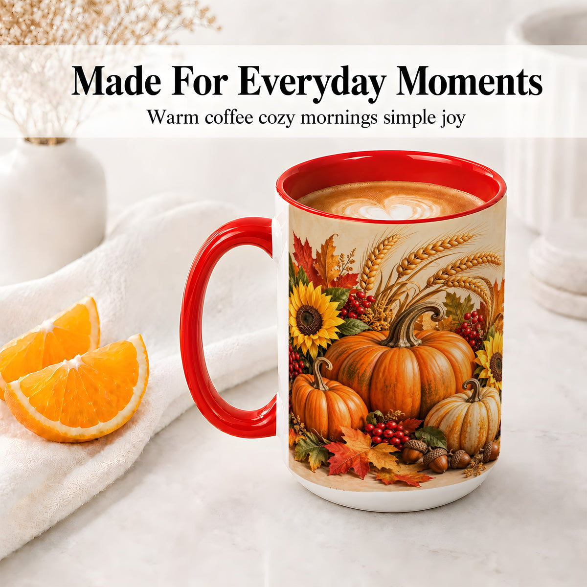 #pl[15oz|Red] Autumn Pumpkin Harvest Accent Mug, Ceramic Cup for Fall Decor Fans