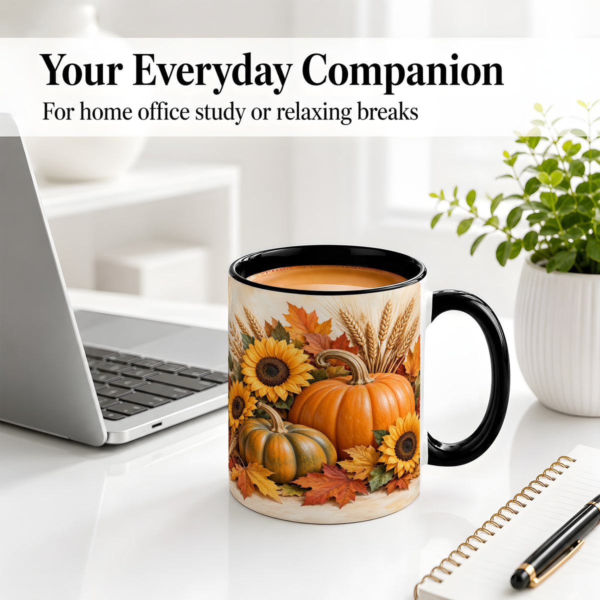 #pl[11oz|Black] Autumn Pumpkin Sunflower Accent Mug, Ceramic Cup for Fall Fans