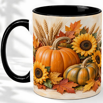 #pl[11oz|Black] Autumn Pumpkin Sunflower Accent Mug, Ceramic Cup for Fall Fans