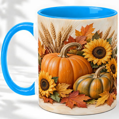 #pl[11oz|Blue] Autumn Pumpkin Sunflower Accent Mug, Ceramic Cup for Fall Fans