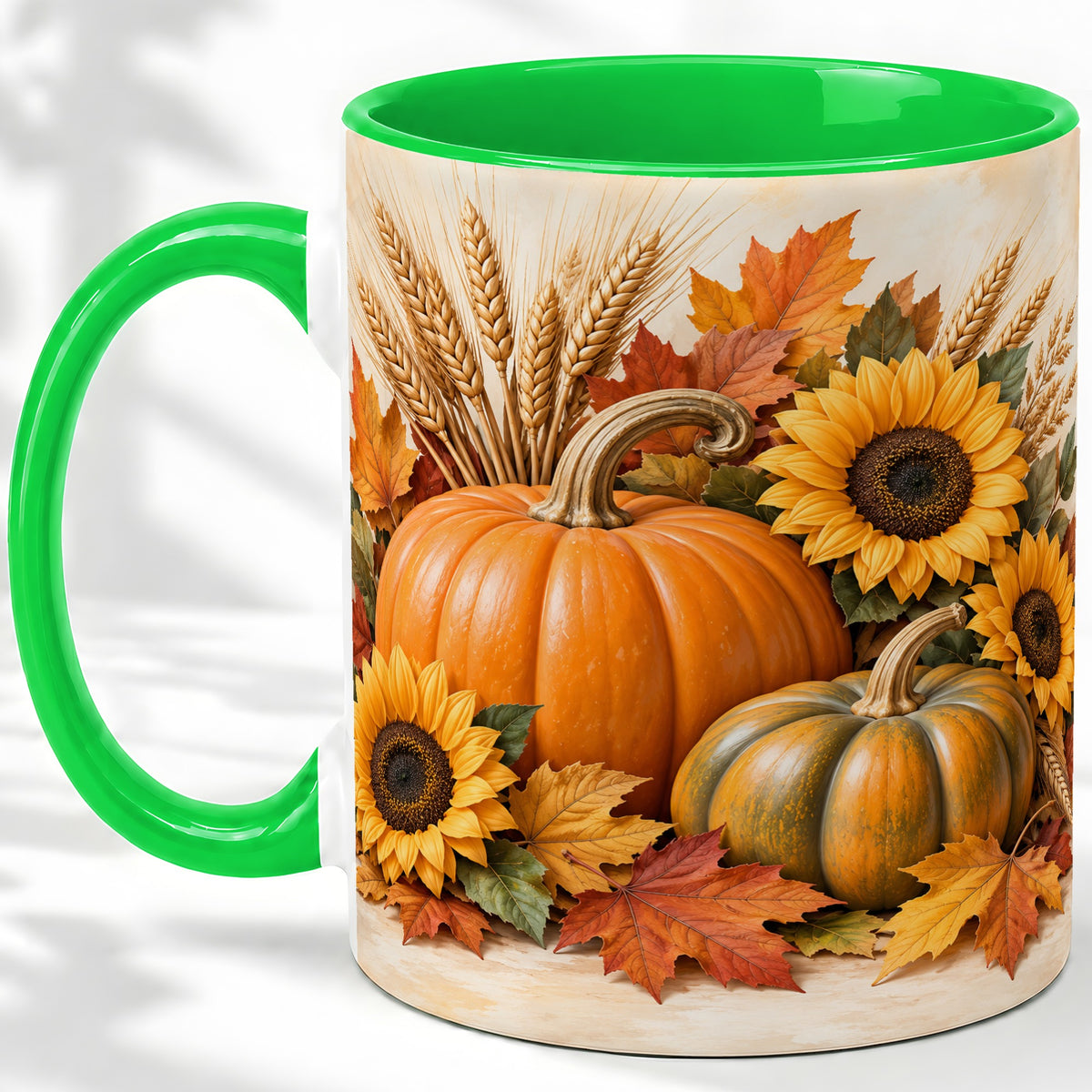#pl[11oz|Green] Autumn Pumpkin Sunflower Accent Mug, Ceramic Cup for Fall Fans