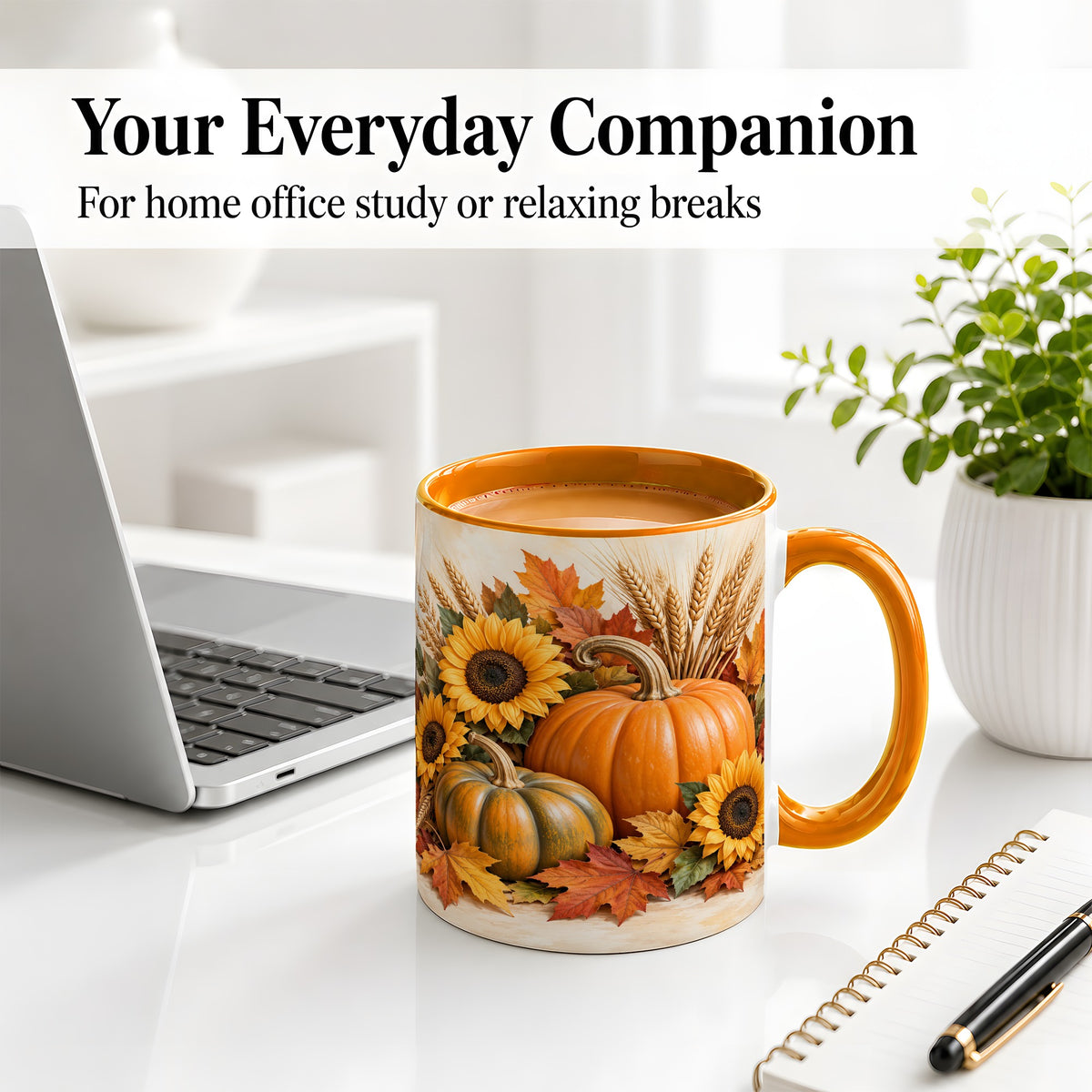 #pl[11oz|Orange] Autumn Pumpkin Sunflower Accent Mug, Ceramic Cup for Fall Fans