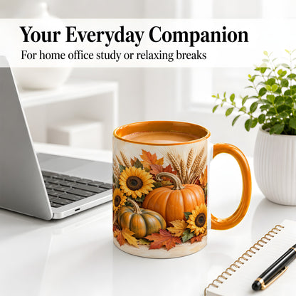 #pl[11oz|Orange] Autumn Pumpkin Sunflower Accent Mug, Ceramic Cup for Fall Fans