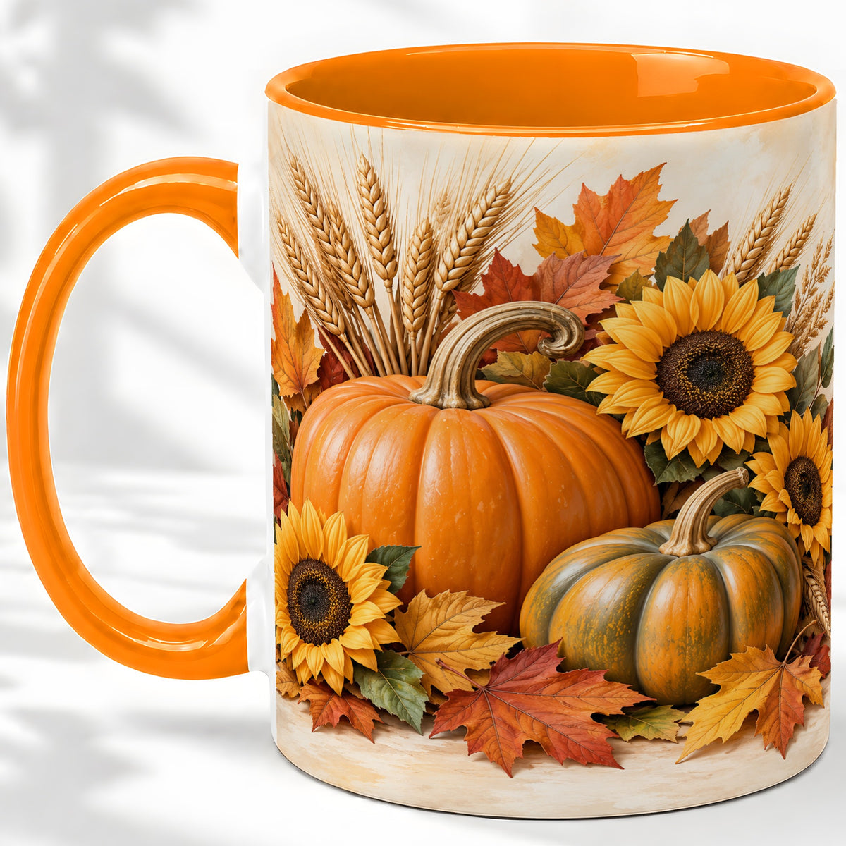 #pl[11oz|Orange] Autumn Pumpkin Sunflower Accent Mug, Ceramic Cup for Fall Fans