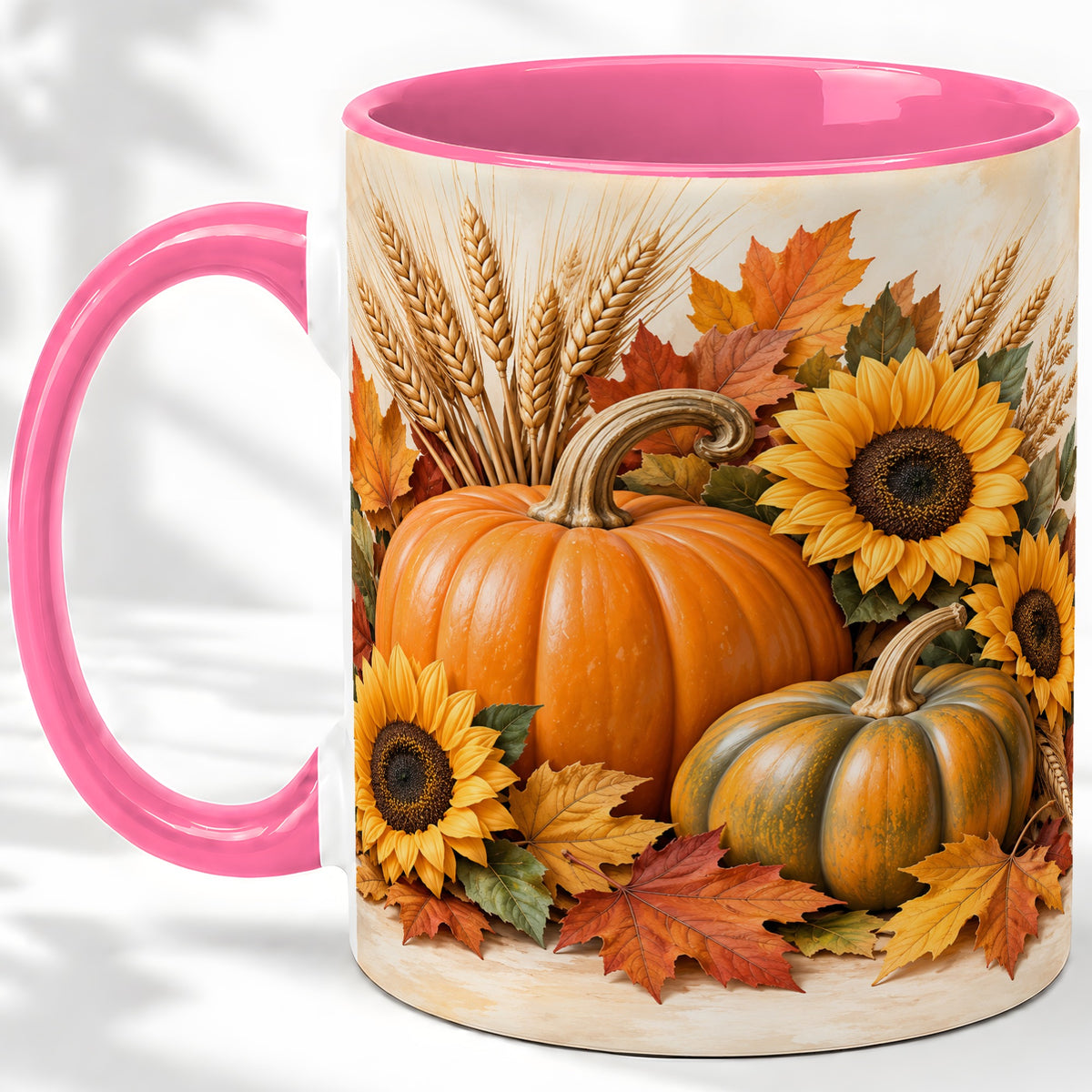 #pl[11oz|Pink] Autumn Pumpkin Sunflower Accent Mug, Ceramic Cup for Fall Fans