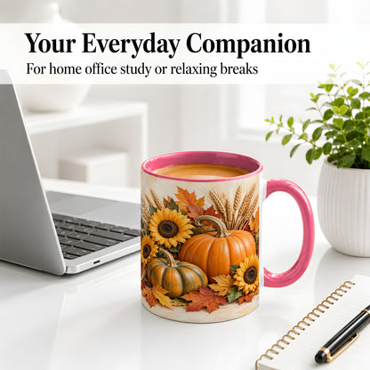 #pl[11oz|Pink] Autumn Pumpkin Sunflower Accent Mug, Ceramic Cup for Fall Fans
