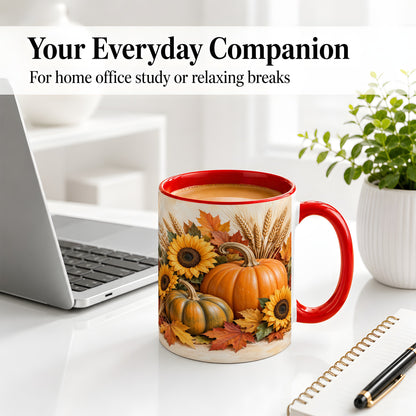 #pl[11oz|Red] Autumn Pumpkin Sunflower Accent Mug, Ceramic Cup for Fall Fans