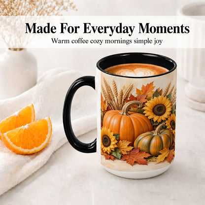 #pl[15oz|Black] Autumn Pumpkin Sunflower Accent Mug, Ceramic Cup for Fall Fans