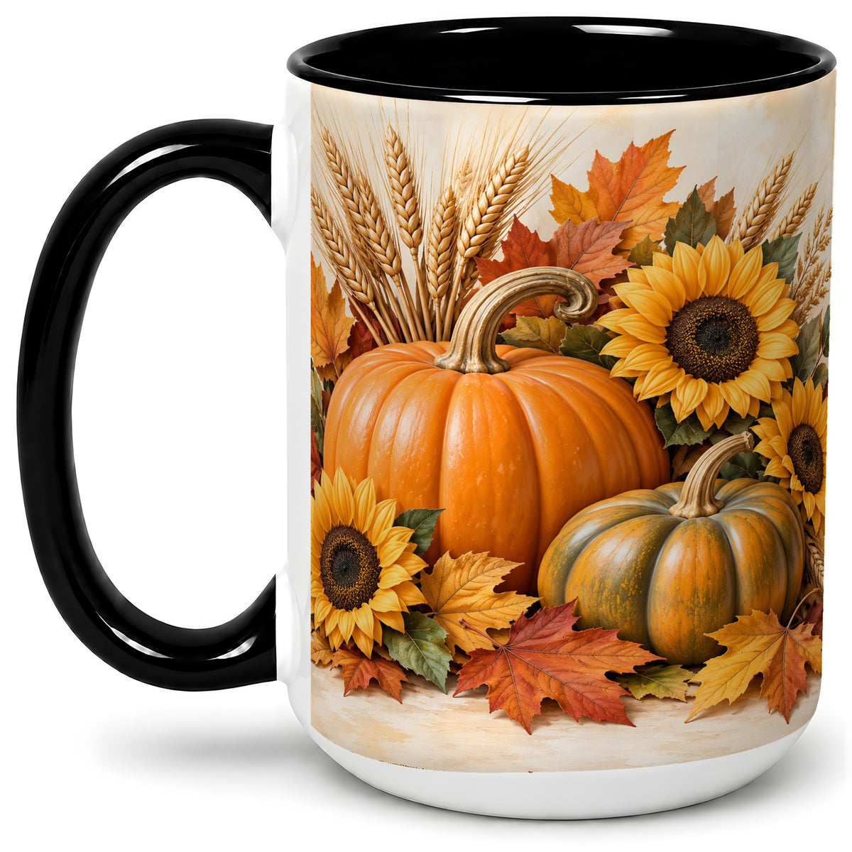 #pl[15oz|Black] Autumn Pumpkin Sunflower Accent Mug, Ceramic Cup for Fall Fans