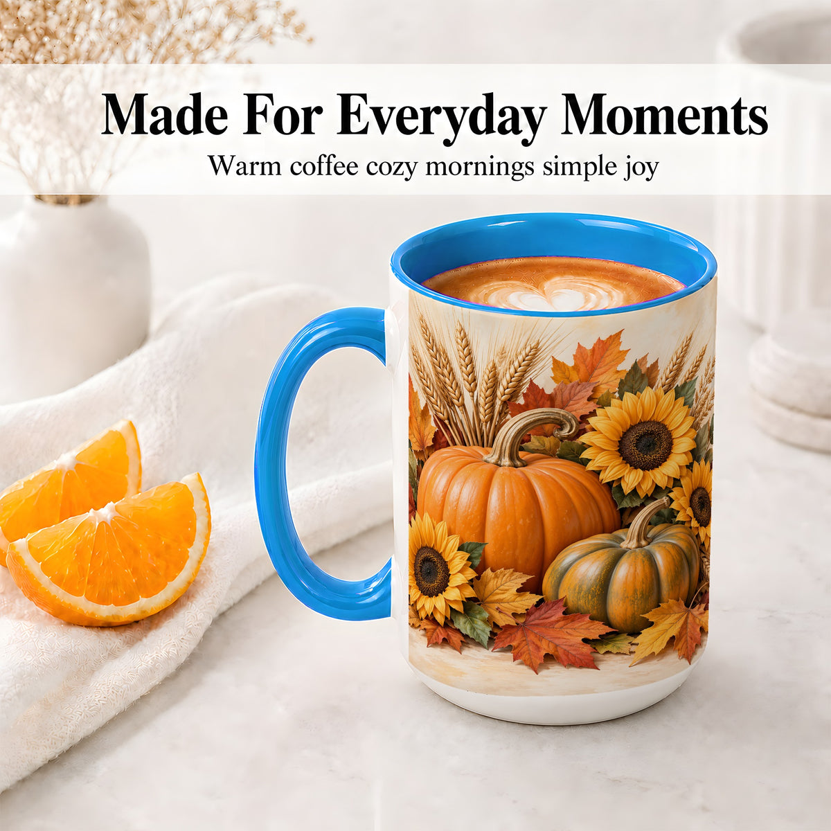 #pl[15oz|Blue] Autumn Pumpkin Sunflower Accent Mug, Ceramic Cup for Fall Fans