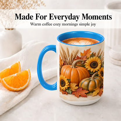 #pl[15oz|Blue] Autumn Pumpkin Sunflower Accent Mug, Ceramic Cup for Fall Fans