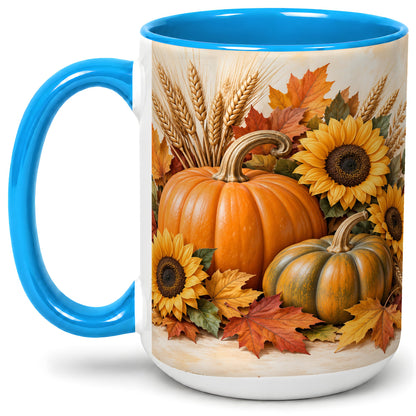 #pl[15oz|Blue] Autumn Pumpkin Sunflower Accent Mug, Ceramic Cup for Fall Fans