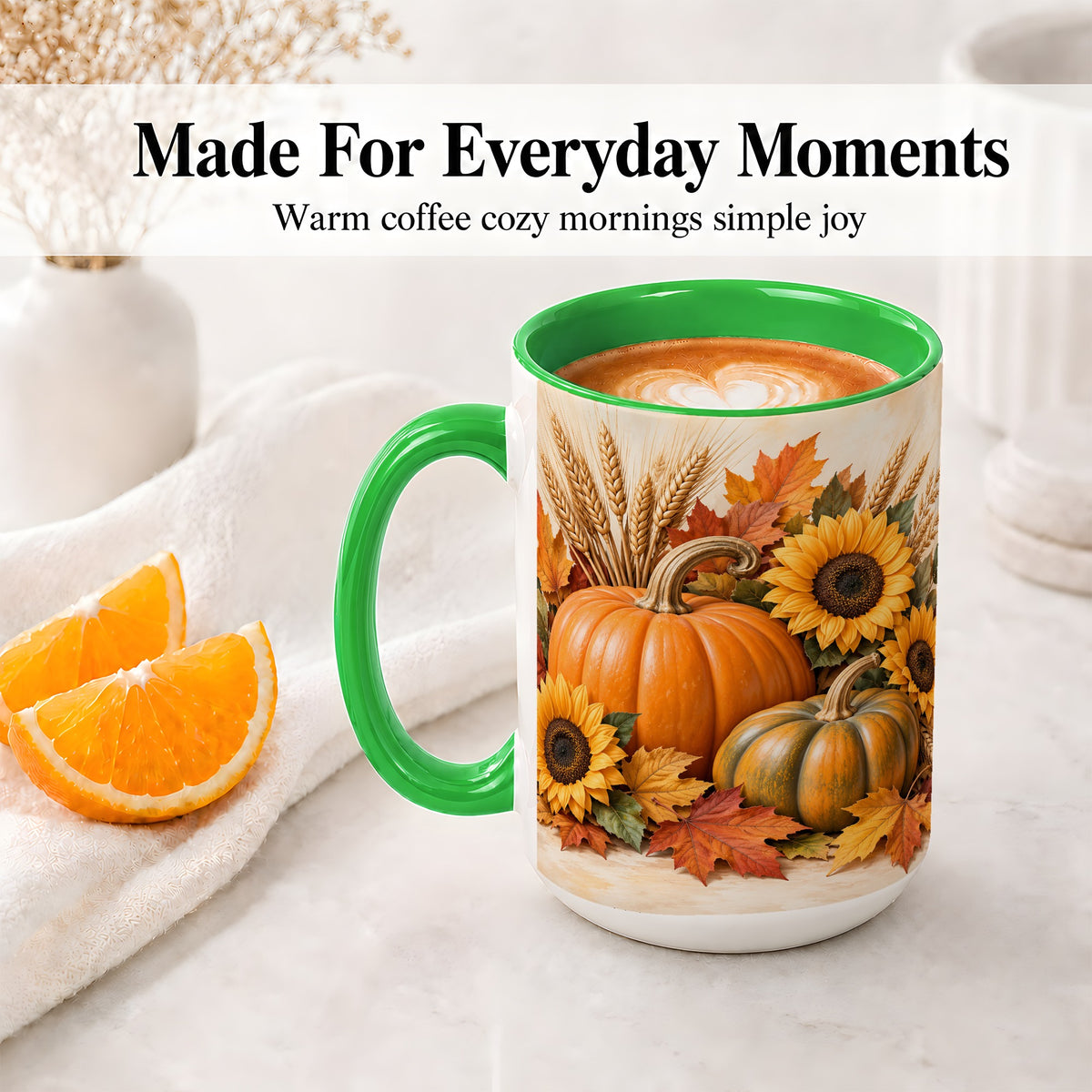 #pl[15oz|Green] Autumn Pumpkin Sunflower Accent Mug, Ceramic Cup for Fall Fans