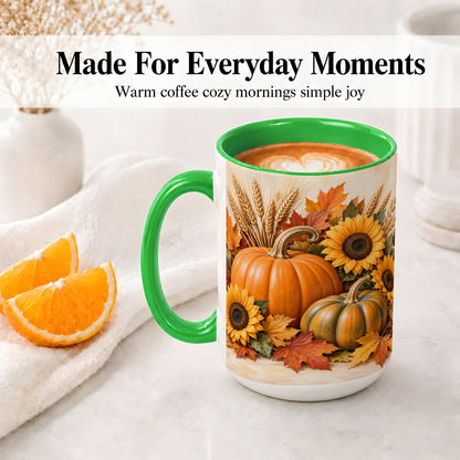 #pl[15oz|Green] Autumn Pumpkin Sunflower Accent Mug, Ceramic Cup for Fall Fans