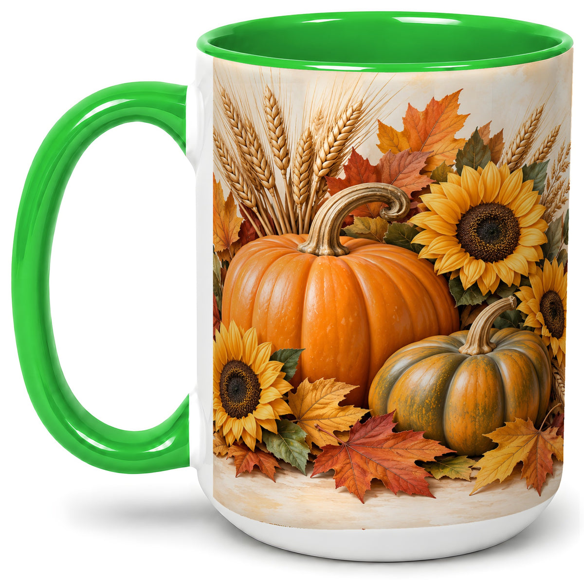 #pl[15oz|Green] Autumn Pumpkin Sunflower Accent Mug, Ceramic Cup for Fall Fans