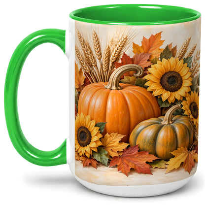 #pl[15oz|Green] Autumn Pumpkin Sunflower Accent Mug, Ceramic Cup for Fall Fans